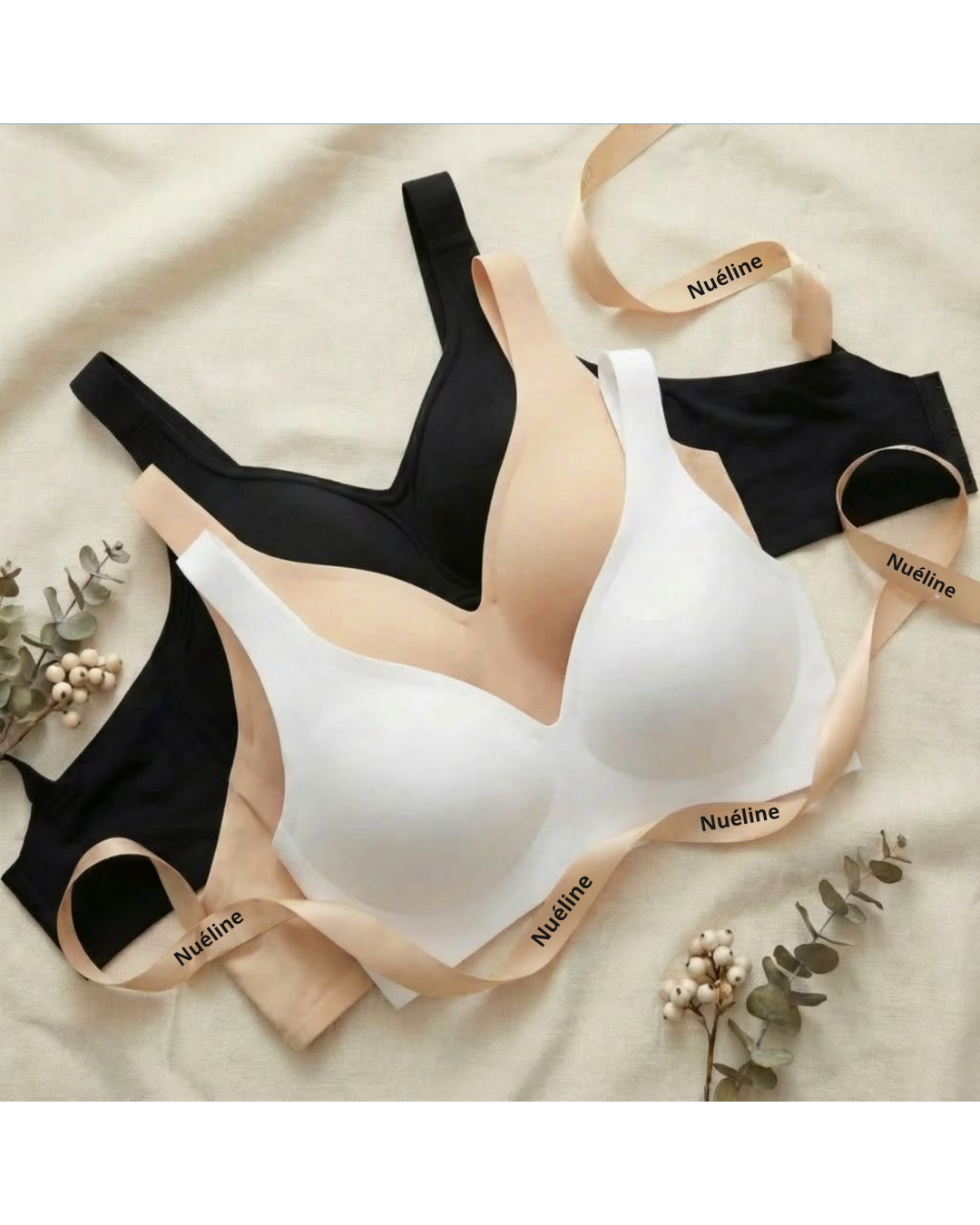 Soutien-gorge seconde peau nude présenté sur un fond clair